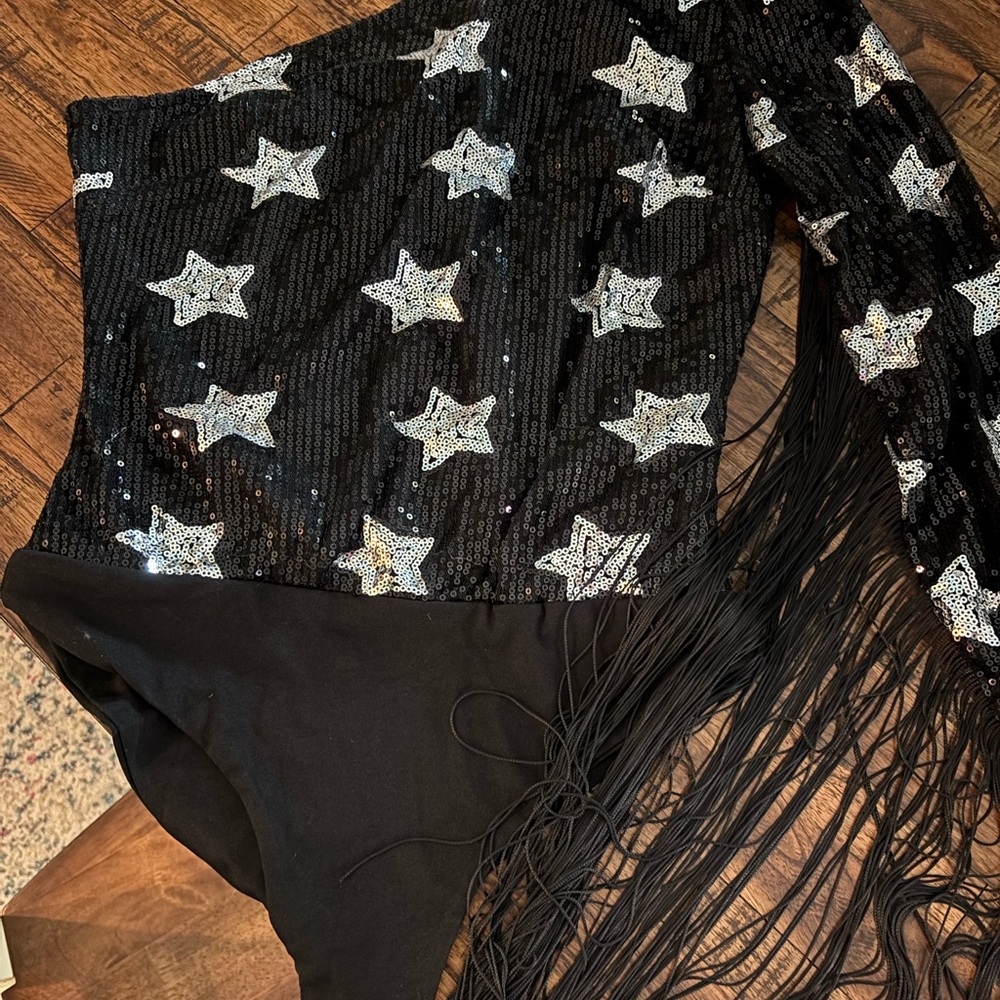 NASTYGAL Black Sequin Star Bodysuit with Fringe